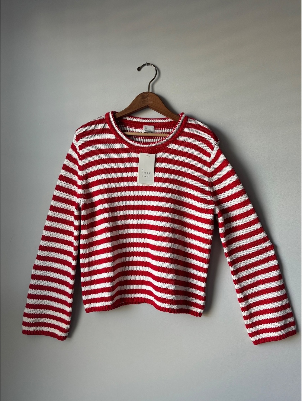 NWT A New Day Red White Striped Chunky Knit Sweater Rolled Neck Womens Medium